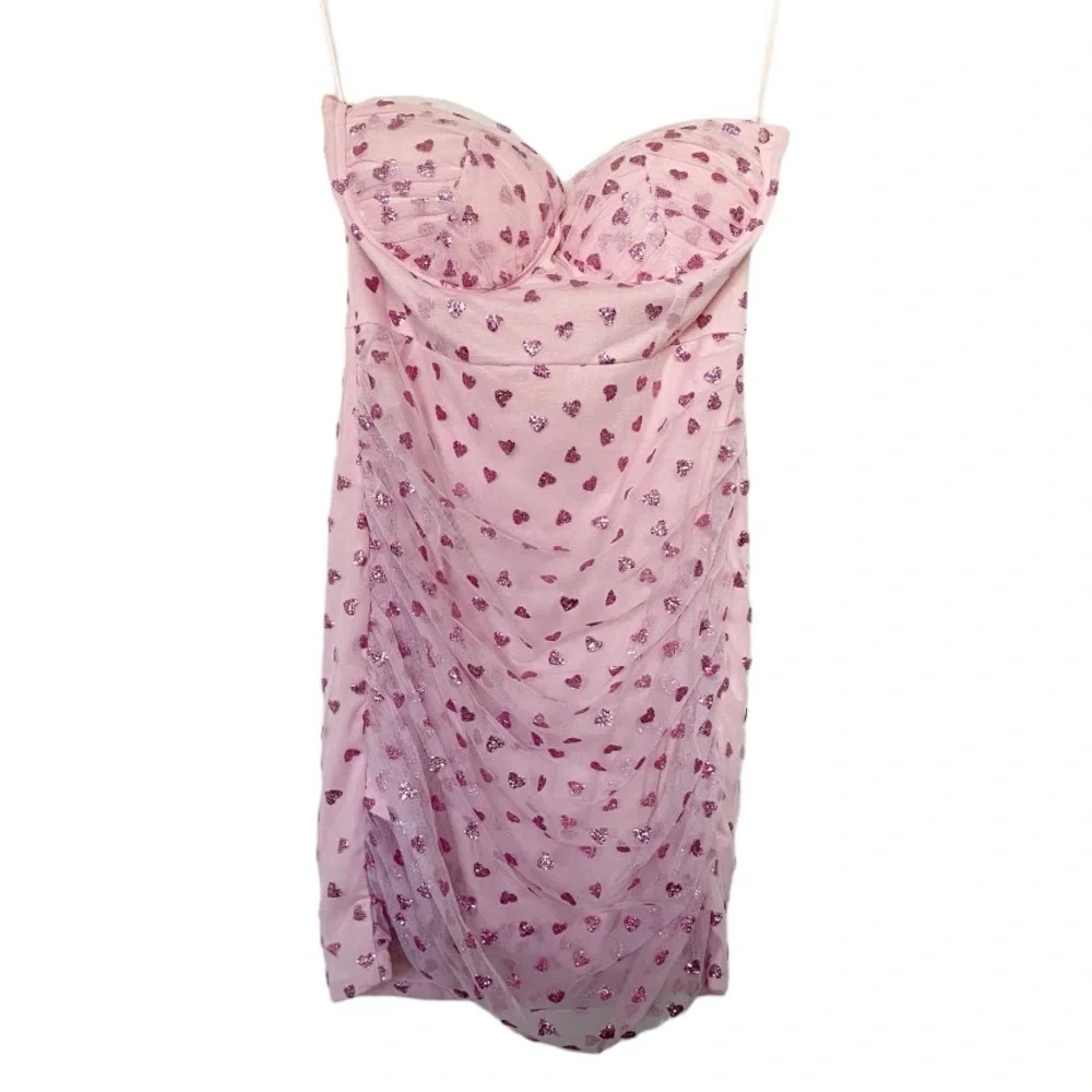 Superdown Fifi Mesh Mini Dress Pink Glitter Heart Print Bodycon Party Sz Medium - Picture 6 of 12